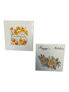 Vintage Ceramic Tile Trivet Set California Oranges Peggy’s Kitchen Floral 6 Inch